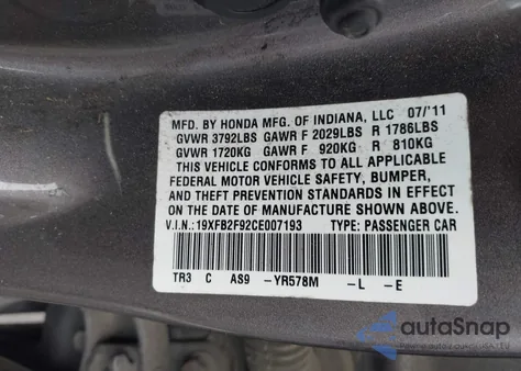 2012 Honda Civic Ex-L from USA, damaged, VIN 19XFB2F92CE007193